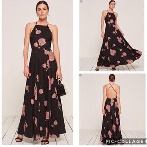 Reformation Myrtle Maxi Black Dress Floral Backless Tank Size 8